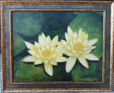"Nenuphar IV" (odorata sulphurea), huile sur toile, au couteau, 27 x 35 cm, 2001